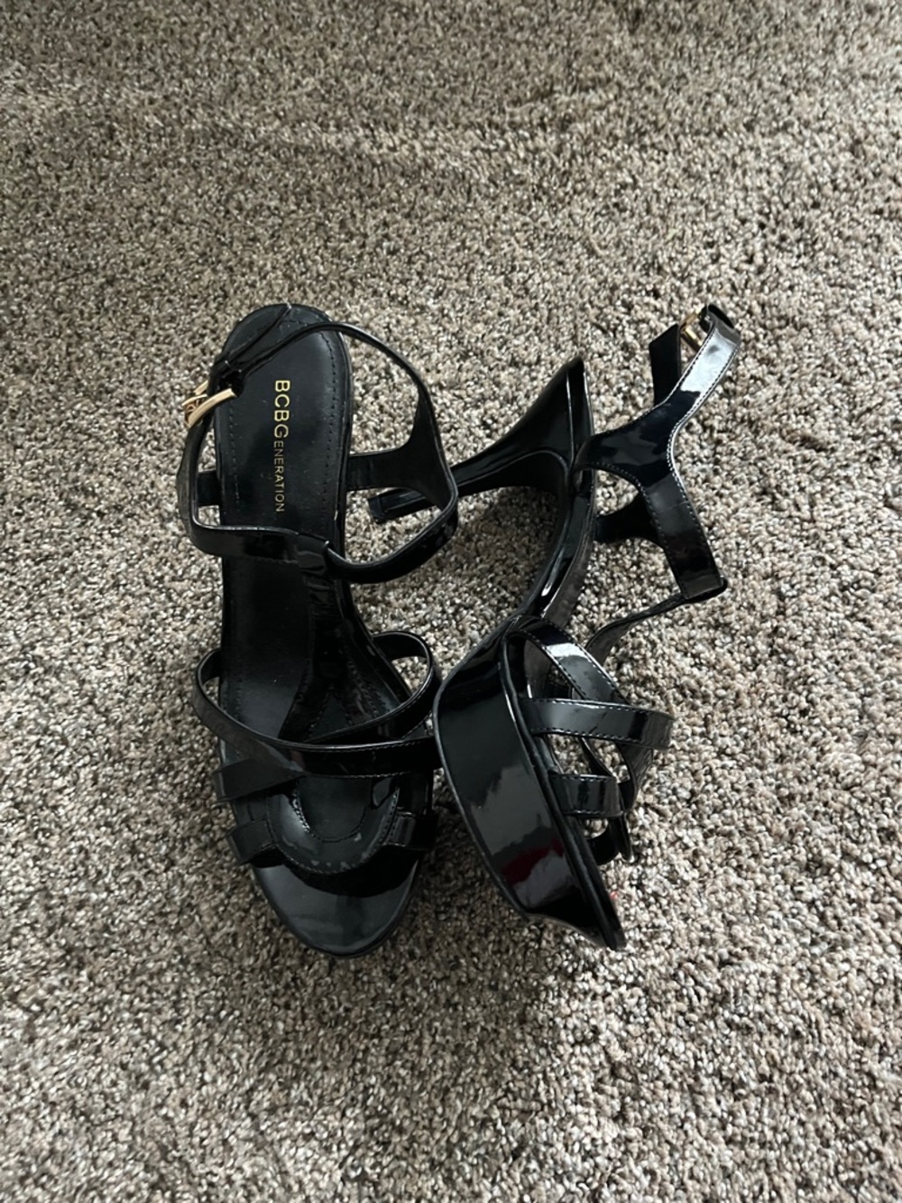 BCBGeneration Black Patent Strappy Block Heel Sandals